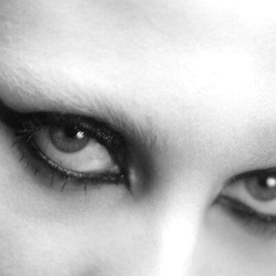 A close up of Heather Baron Gracie's eyes, with dark eyeliner extending to her temples