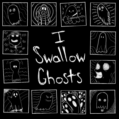 I Swallow Ghosts album art features a black background with squares containing different drawings of ghosts.