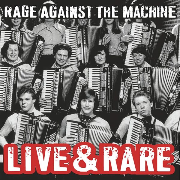 Album art features three rows of accordion players in black and white
