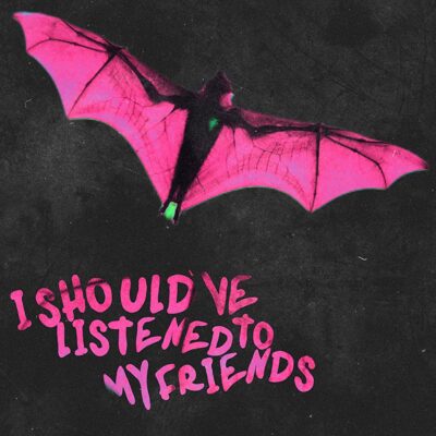 Artwork shows a bat with wings backlit with a pink light. I should've listened to my friends is written in a similar colour