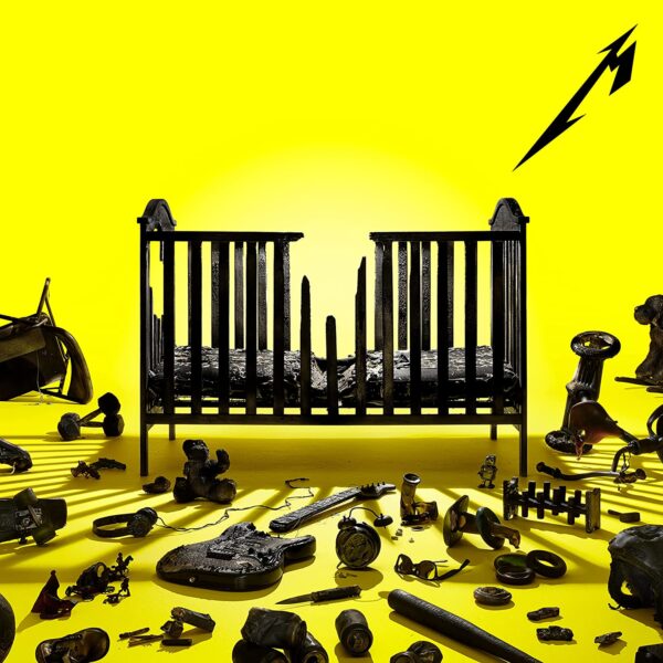 Yellow and black cover album image displaying broken things - from a cot to guitar.