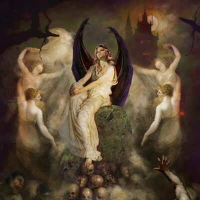 Creeper - Cry To Heaven. A vintage looking painting featuring an angelic beauty wearing a white gown, she has dark bony wings. She is sat on a pile of skulls and surrounded by classical looking dancing girls. A foreboding castle partly hides the moon.