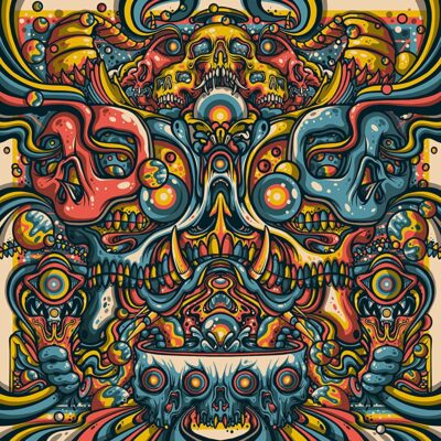 Jaaw - Thoughts and Prayers. The cover is a colourful primary colour abstract of shapes that form skulls.