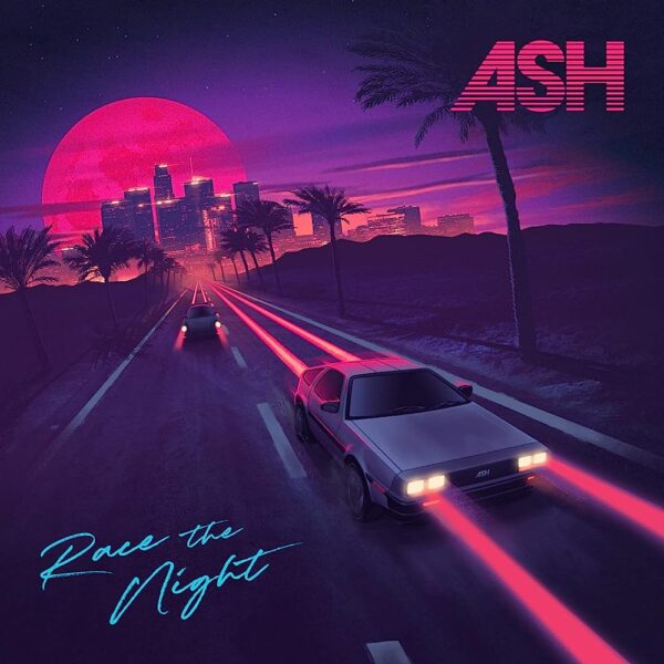 Ash - Race the Night. An eighties style sunset scene in purple with a Delorean speeding along a road.