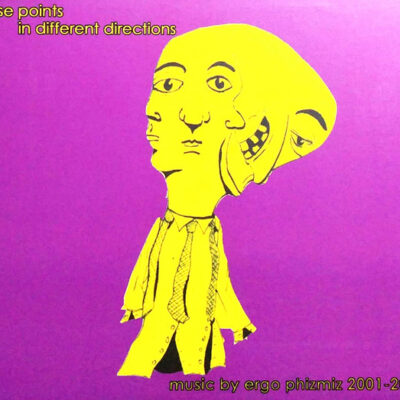 Ergo Phizmiz - Nose Points in Different Directions LP. A bright purple background makes an odd yellow person pop. The person has many faces.