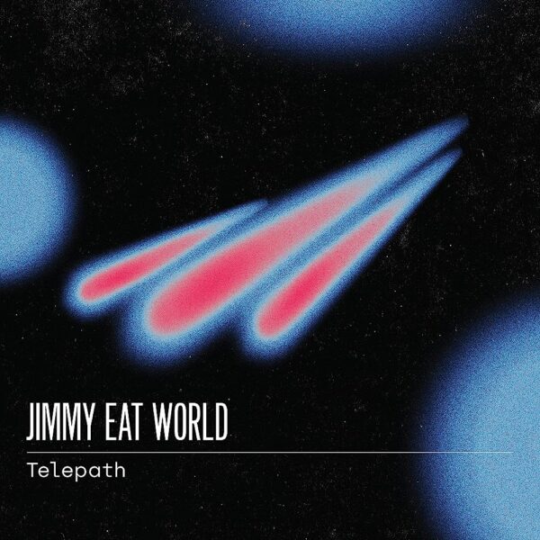 Jimmy Eat World - Telepath. An abstract space-like image feature three red comets flying alongside each other past three blurry planets.