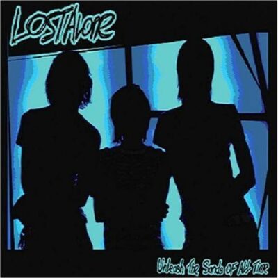 Lost Alone - Unleash the Sands of All Time. The band are silhouetted by a blue screen, so only their cool haircuts are visible