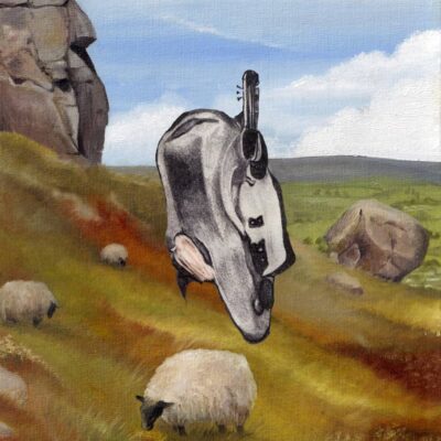 English Teacher - Albatross. A landscape painting with rocks and sheep and an abstract focal shape with hints of a musical instrument.