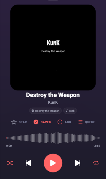 Subsonic now playing screen showing Kunk, Destroy the Weapon is playing and player controls like play/pause, shuffle, and repeat