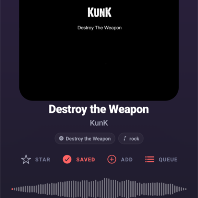 Subsonic now playing screen showing Kunk, Destroy the Weapon is playing and player controls like play/pause, shuffle, and repeat