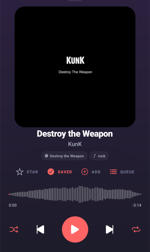 Subsonic now playing screen showing Kunk, Destroy the Weapon is playing and player controls like play/pause, shuffle, and repeat